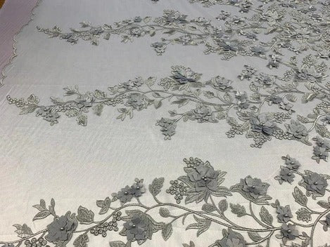 Handmade 3D Flowers Embroidered Beads And Pearls Beaded Mesh Lace FabricICE FABRICSICE FABRICSYellowHandmade 3D Flowers Embroidered Beads And Pearls Beaded Mesh Lace Fabric ICE FABRICS Gray