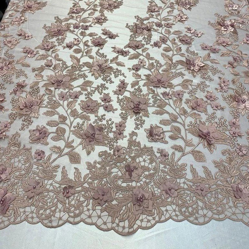 Handmade 3D Flowers Embroidered Beads And Pearls Beaded Mesh Lace FabricICE FABRICSICE FABRICSDusty RoseHandmade 3D Flowers Embroidered Beads And Pearls Beaded Mesh Lace Fabric ICE FABRICS Dusty Rose