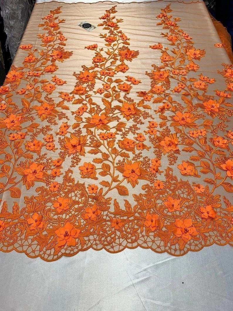 Handmade 3D Flowers Embroidered Beads And Pearls Beaded Mesh Lace FabricICE FABRICSICE FABRICSOrangeHandmade 3D Flowers Embroidered Beads And Pearls Beaded Mesh Lace Fabric ICE FABRICS Orange