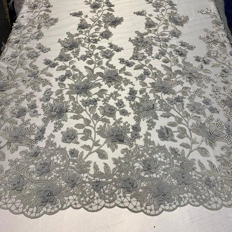 Handmade 3D Flowers Embroidered Beads And Pearls Beaded Mesh Lace FabricICE FABRICSICE FABRICSGrayHandmade 3D Flowers Embroidered Beads And Pearls Beaded Mesh Lace Fabric ICE FABRICS Gray