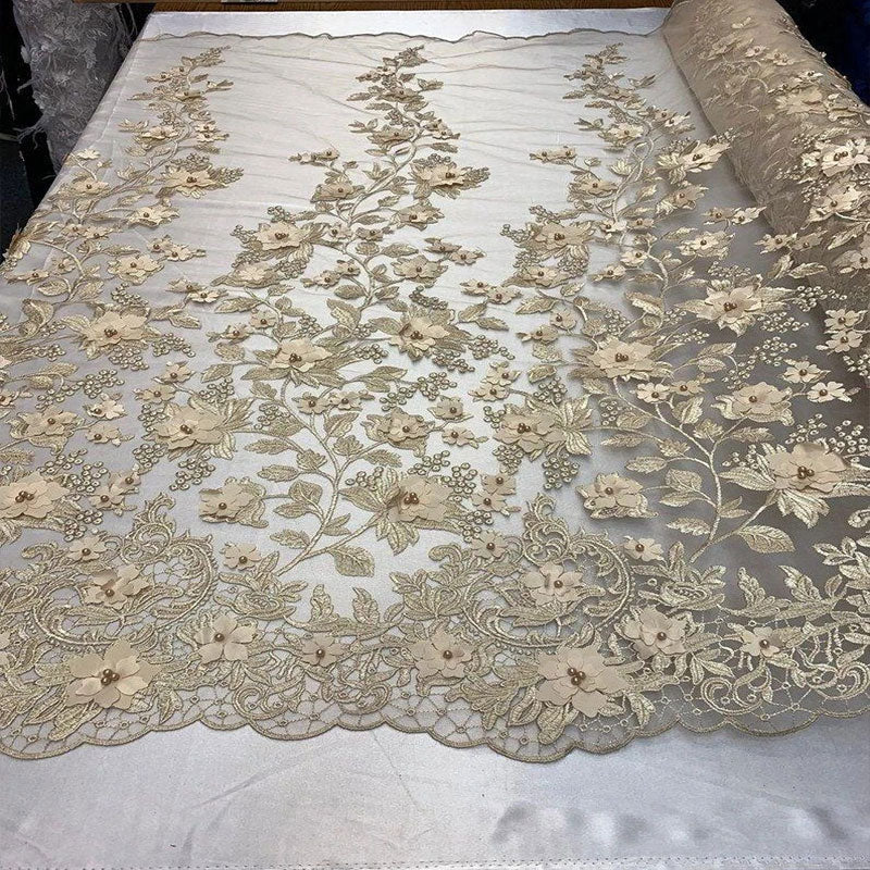 Handmade 3D Flowers Embroidered Beads And Pearls Beaded Mesh Lace FabricICE FABRICSICE FABRICSChampagne/CreamHandmade 3D Flowers Embroidered Beads And Pearls Beaded Mesh Lace Fabric ICE FABRICS Champagne/Cream