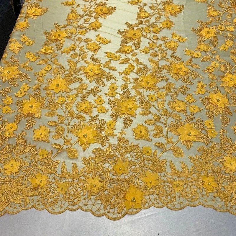 Handmade 3D Flowers Embroidered Beads And Pearls Beaded Mesh Lace FabricICE FABRICSICE FABRICSYellowHandmade 3D Flowers Embroidered Beads And Pearls Beaded Mesh Lace Fabric ICE FABRICS Yellow