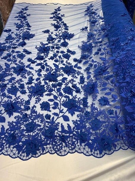 Handmade 3D Flowers Embroidered Beads And Pearls Beaded Mesh Lace FabricICE FABRICSICE FABRICSRoyal BlueHandmade 3D Flowers Embroidered Beads And Pearls Beaded Mesh Lace Fabric ICE FABRICS Royal Blue
