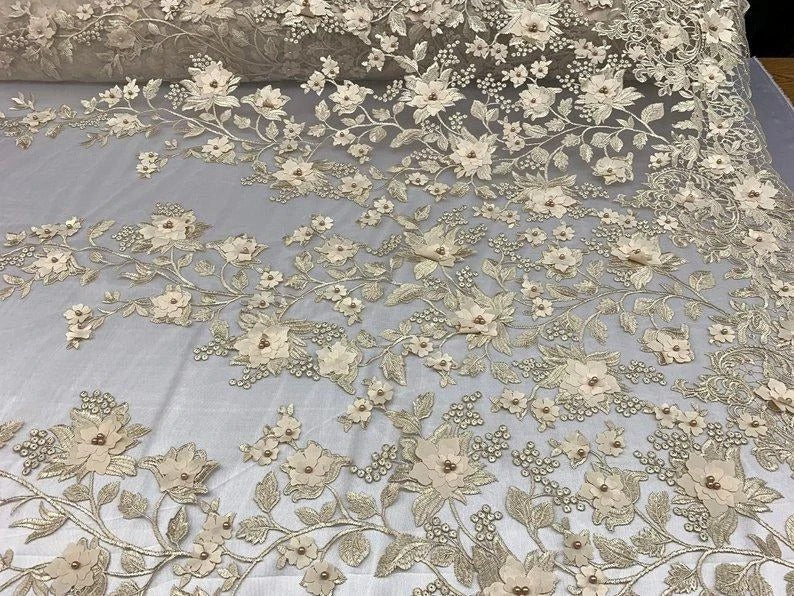 Handmade 3D Flowers Embroidered Beads And Pearls Beaded Mesh Lace FabricICE FABRICSICE FABRICSChampagne/CreamHandmade 3D Flowers Embroidered Beads And Pearls Beaded Mesh Lace Fabric ICE FABRICS Champagne/Cream