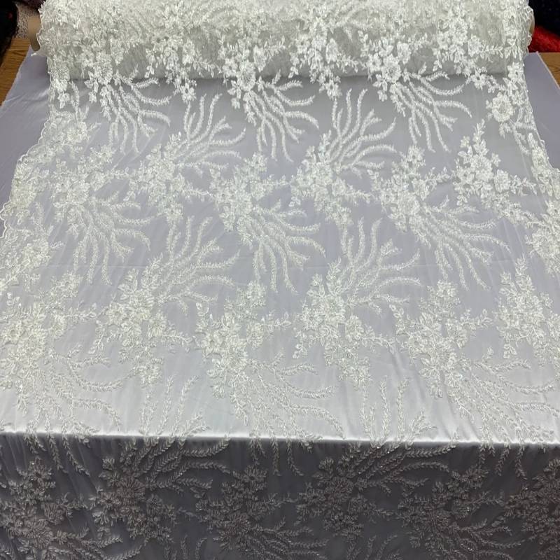 Beaded pure white lace fabric, Sequin lace, French lace, good Chantilly lace, Bridal lace, Wedding lace, Embroidered Lace Floral lace KSBY61197CB