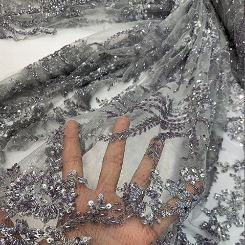 Handmade Floral Luxury Flowers Sequins Beaded Mesh LaceICE FABRICSICE FABRICSSilver/GrayHandmade Floral Luxury Flowers Sequins Beaded Mesh Lace ICE FABRICS Silver/Gray