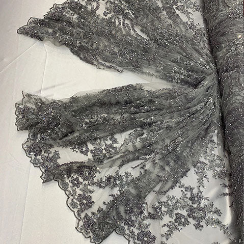 Handmade Floral Luxury Flowers Sequins Beaded Mesh LaceICE FABRICSICE FABRICSSilver/GrayHandmade Floral Luxury Flowers Sequins Beaded Mesh Lace ICE FABRICS Silver/Gray