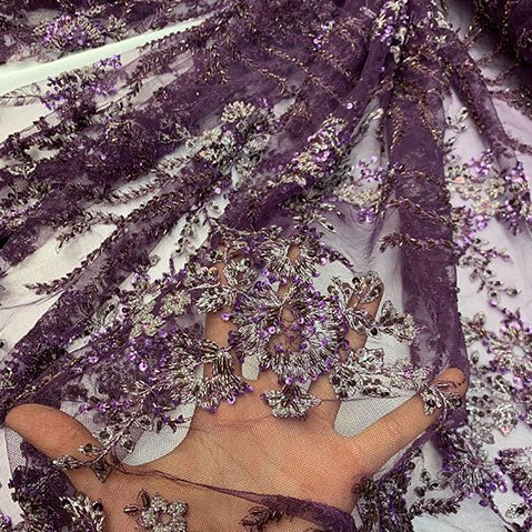 Handmade Floral Luxury Flowers Sequins Beaded Mesh LaceICE FABRICSICE FABRICSRed/GreenHandmade Floral Luxury Flowers Sequins Beaded Mesh Lace ICE FABRICS Plum/Purple