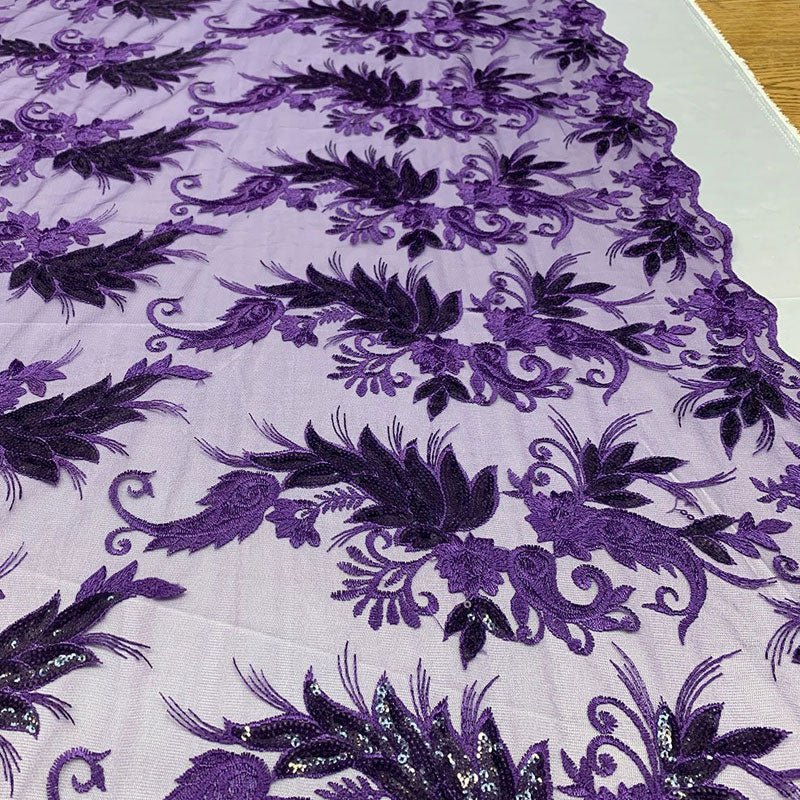 Handmade Floral Mesh Lace Embroidered Fabric By The YardICEFABRICICE FABRICSPurpleHandmade Floral Mesh Lace Embroidered Fabric By The Yard ICEFABRIC Purple