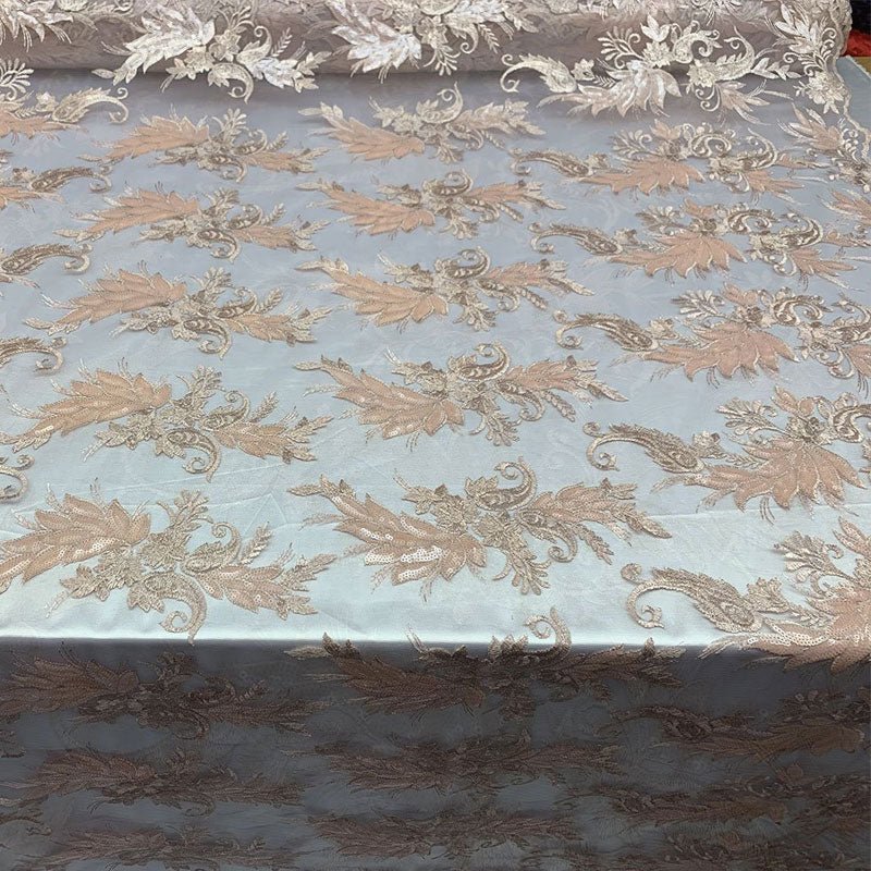 Handmade Floral Mesh Lace Embroidered Fabric By The YardICEFABRICICE FABRICSPeach/ChampagneHandmade Floral Mesh Lace Embroidered Fabric By The Yard ICEFABRIC Peach/Champagne