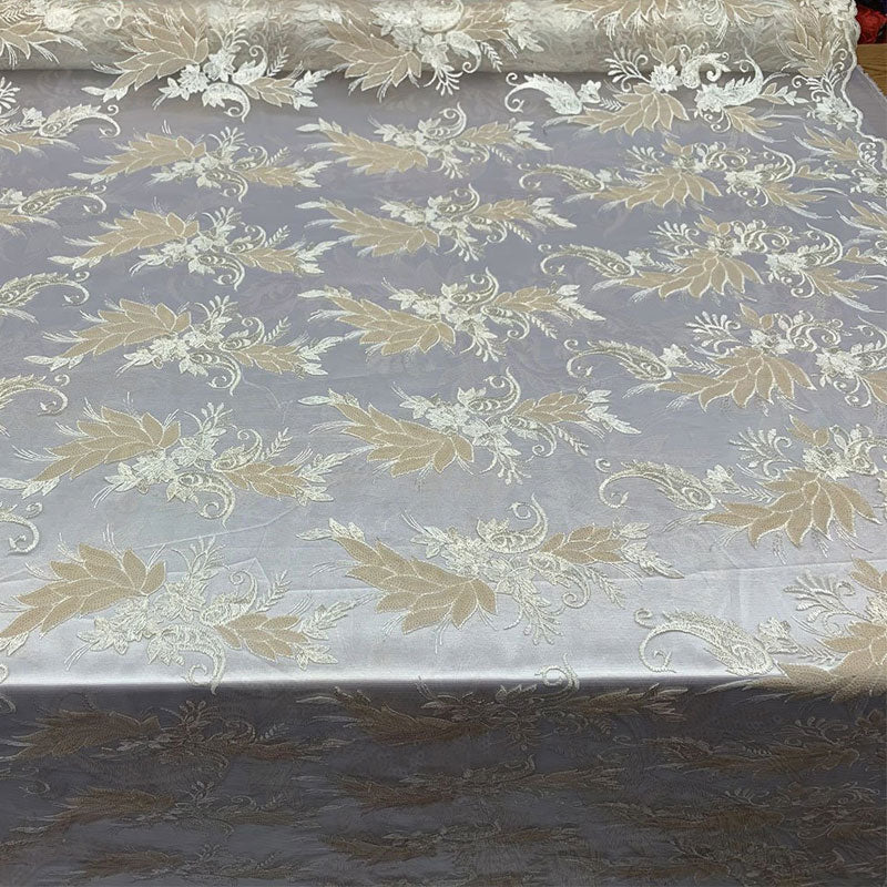 Handmade Floral Mesh Lace Embroidered Fabric By The YardICEFABRICICE FABRICSCream/IvoryHandmade Floral Mesh Lace Embroidered Fabric By The Yard ICEFABRIC Cream/Ivory