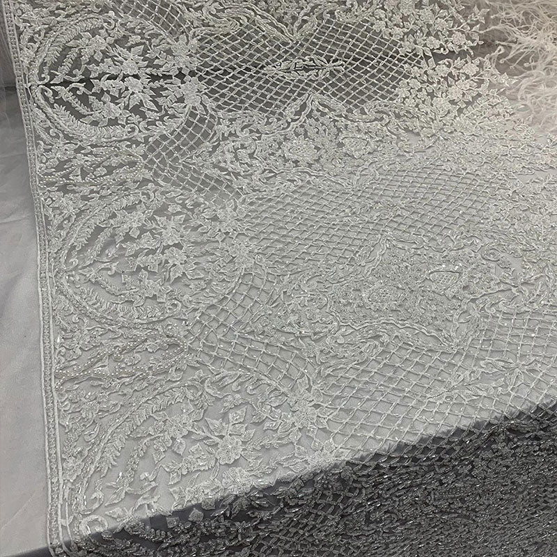 High-Quality Handmade Feathers Mesh Lace FabricICEFABRICICE FABRICSLight GoldHigh-Quality Handmade Feathers Mesh Lace Fabric ICEFABRIC White