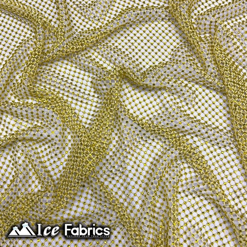 Iridescent Crystal Beaded 4 Way Stretch Fabric FishnetICE FABRICSICE FABRICSYellowIridescent Crystal Beaded 4 Way Stretch Fabric Fishnet ICE FABRICS Yellow