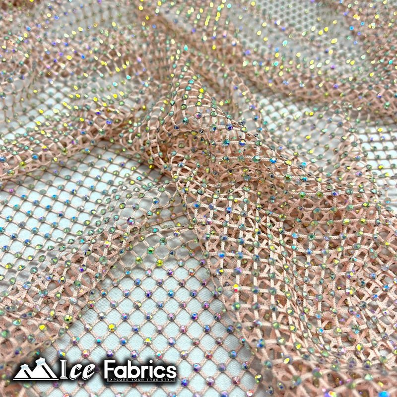 Iridescent Crystal Beaded 4 Way Stretch Fabric FishnetICE FABRICSICE FABRICSBlushIridescent Crystal Beaded 4 Way Stretch Fabric Fishnet ICE FABRICS Blush