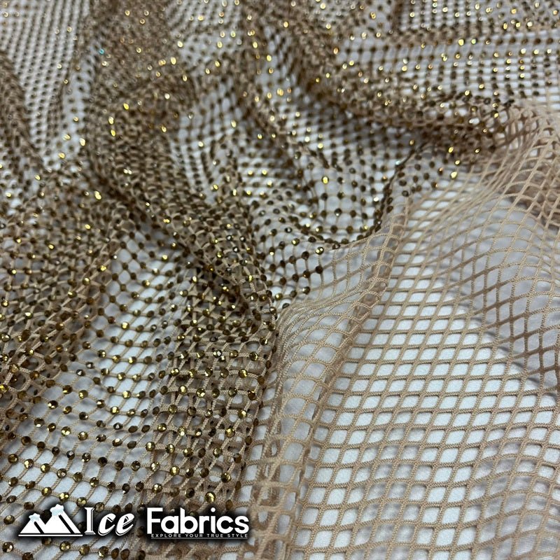 Iridescent Crystal Beaded 4 Way Stretch Fabric FishnetICE FABRICSICE FABRICSLight GoldIridescent Crystal Beaded 4 Way Stretch Fabric Fishnet ICE FABRICS Light Gold