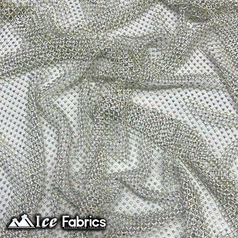 Iridescent Crystal Beaded 4 Way Stretch Fabric FishnetICE FABRICSICE FABRICSWhiteIridescent Crystal Beaded 4 Way Stretch Fabric Fishnet ICE FABRICS White
