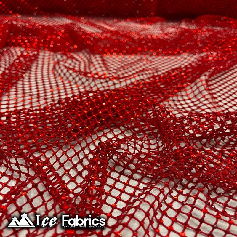 Iridescent Crystal Beaded 4 Way Stretch Fabric FishnetICE FABRICSICE FABRICSRedIridescent Crystal Beaded 4 Way Stretch Fabric Fishnet ICE FABRICS Red