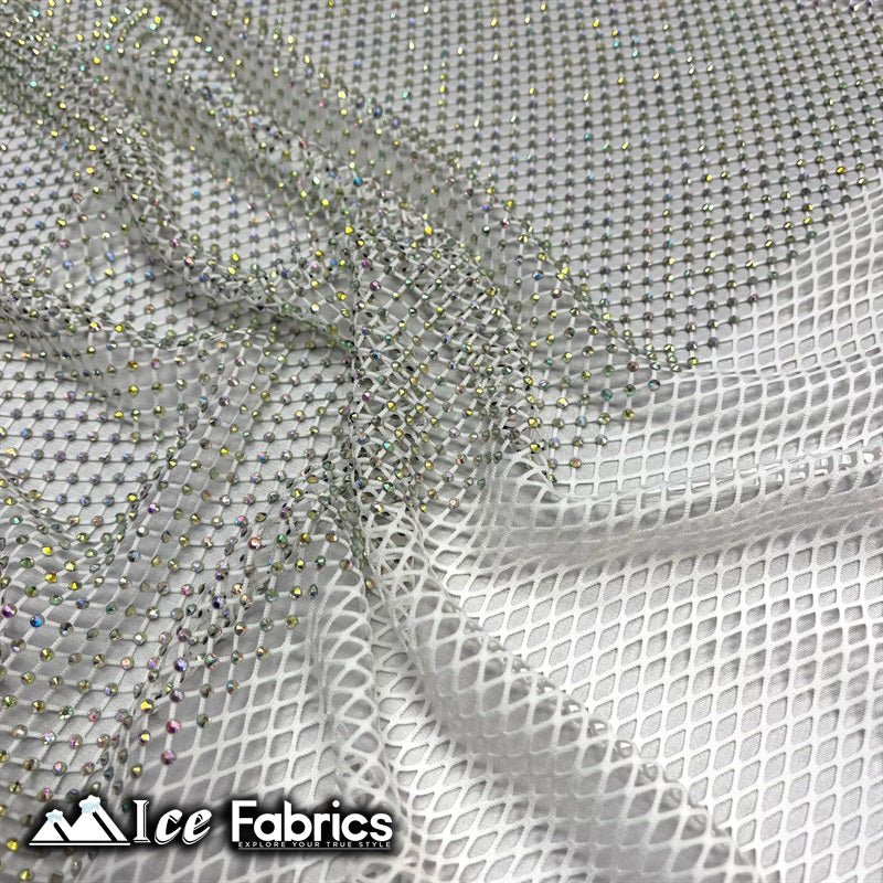 Iridescent Crystal Beaded 4 Way Stretch Fabric FishnetICE FABRICSICE FABRICSWhiteIridescent Crystal Beaded 4 Way Stretch Fabric Fishnet ICE FABRICS White