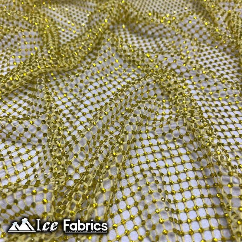 Iridescent Crystal Beaded 4 Way Stretch Fabric FishnetICE FABRICSICE FABRICSYellowIridescent Crystal Beaded 4 Way Stretch Fabric Fishnet ICE FABRICS Yellow