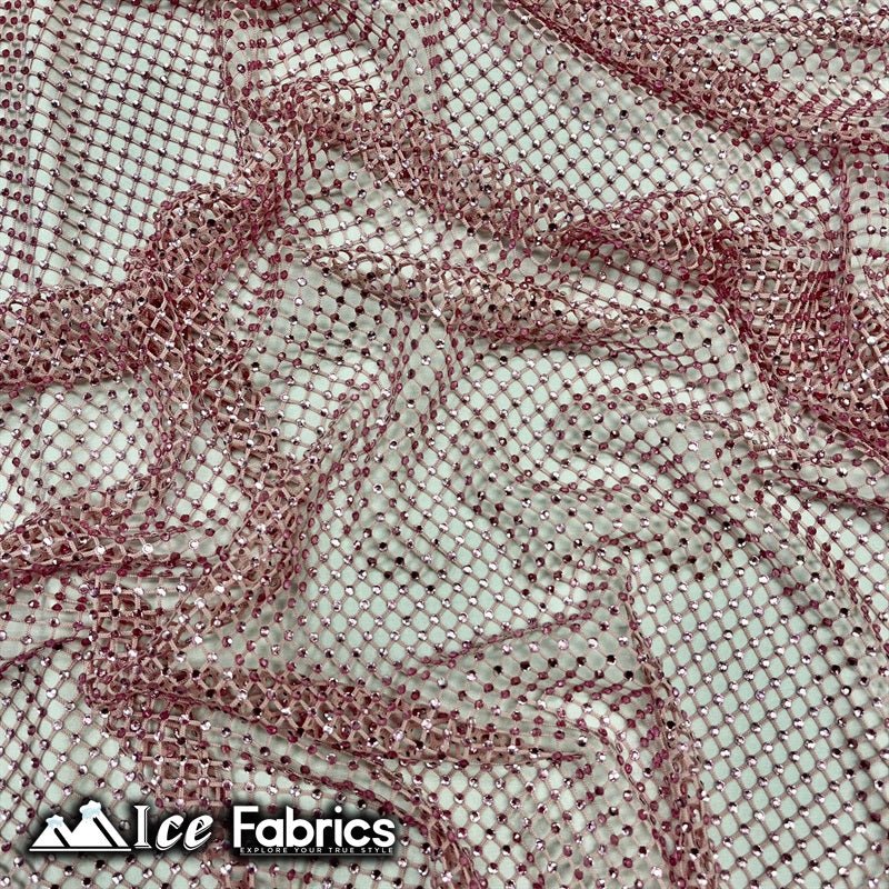 Iridescent Crystal Beaded 4 Way Stretch Fabric FishnetICE FABRICSICE FABRICSDusty RoseIridescent Crystal Beaded 4 Way Stretch Fabric Fishnet ICE FABRICS Dusty Rose