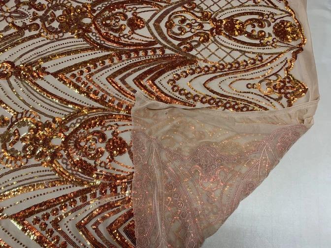 Iridescent French 4 Way Stretch Sequins On Spandex Mesh Fabric By The YardICEFABRICICE FABRICSOrange On White MeshIridescent French 4 Way Stretch Sequins On Spandex Mesh Fabric By The Yard ICEFABRIC Orange On White Mesh