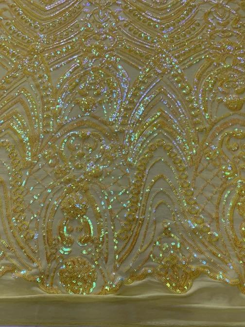 Iridescent French 4 Way Stretch Sequins On Spandex Mesh Fabric By The YardICEFABRICICE FABRICSYellow On Yellow MeshIridescent French 4 Way Stretch Sequins On Spandex Mesh Fabric By The Yard ICEFABRIC Yellow On Yellow Mesh