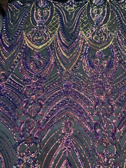Iridescent French 4 Way Stretch Sequins On Spandex Mesh Fabric By The YardICEFABRICICE FABRICSPurple & Pink On Black MeshIridescent French 4 Way Stretch Sequins On Spandex Mesh Fabric By The Yard ICEFABRIC Purple & Pink On Black Mesh