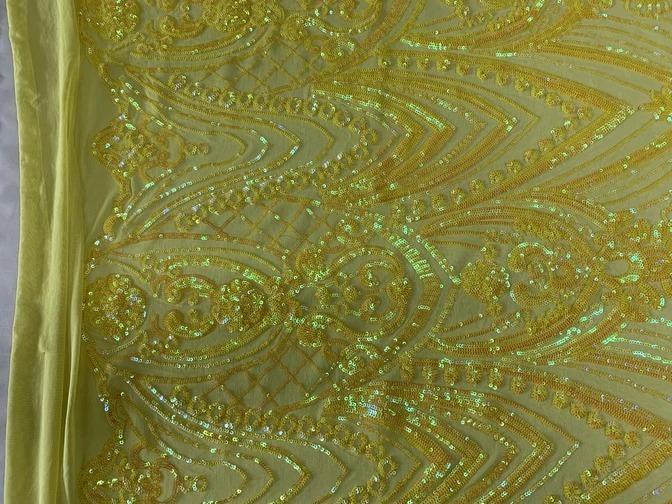 Iridescent French 4 Way Stretch Sequins On Spandex Mesh Fabric By The YardICEFABRICICE FABRICSYellow On Yellow MeshIridescent French 4 Way Stretch Sequins On Spandex Mesh Fabric By The Yard ICEFABRIC Yellow On Yellow Mesh