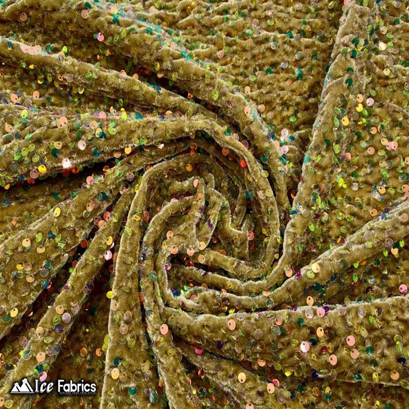 Iridescent Gold Emma Stretch Velvet Fabric with Embroidery SequinICE FABRICSICE FABRICSBy The Yard (58" Wide)2 Way StretchIridescent Gold Emma Stretch Velvet Fabric with Embroidery Sequin ICE FABRICS