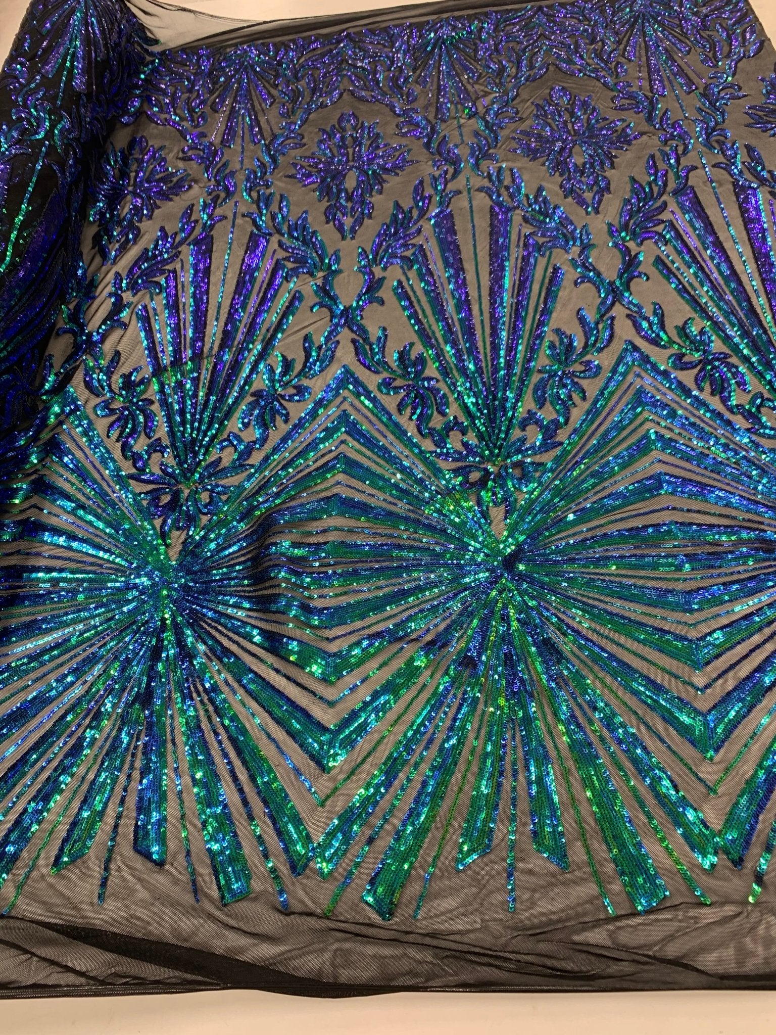 Iridescent Green Luxury Stretch Sequin Bridal Embroidery on Black Mesh Lace FabricICEFABRICICE FABRICSIridescent GreenIridescent Green Luxury Stretch Sequin Bridal Embroidery on Black Mesh Lace Fabric ICEFABRIC