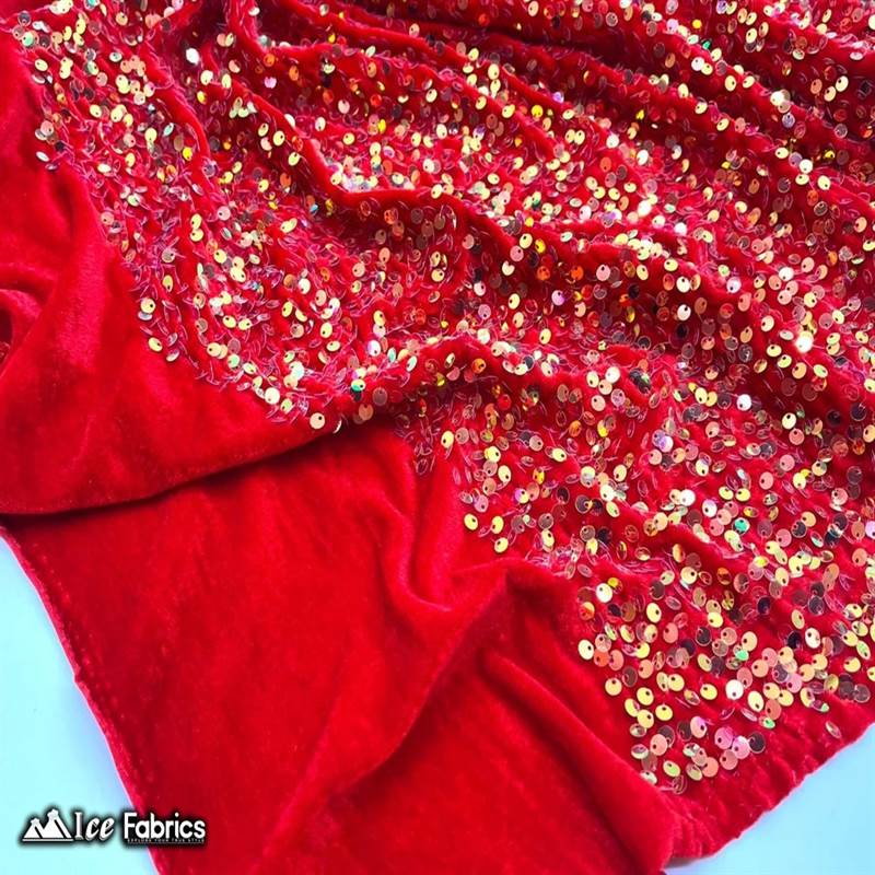 Iridescent Red Emma Stretch Velvet Fabric with Embroidery Sequin