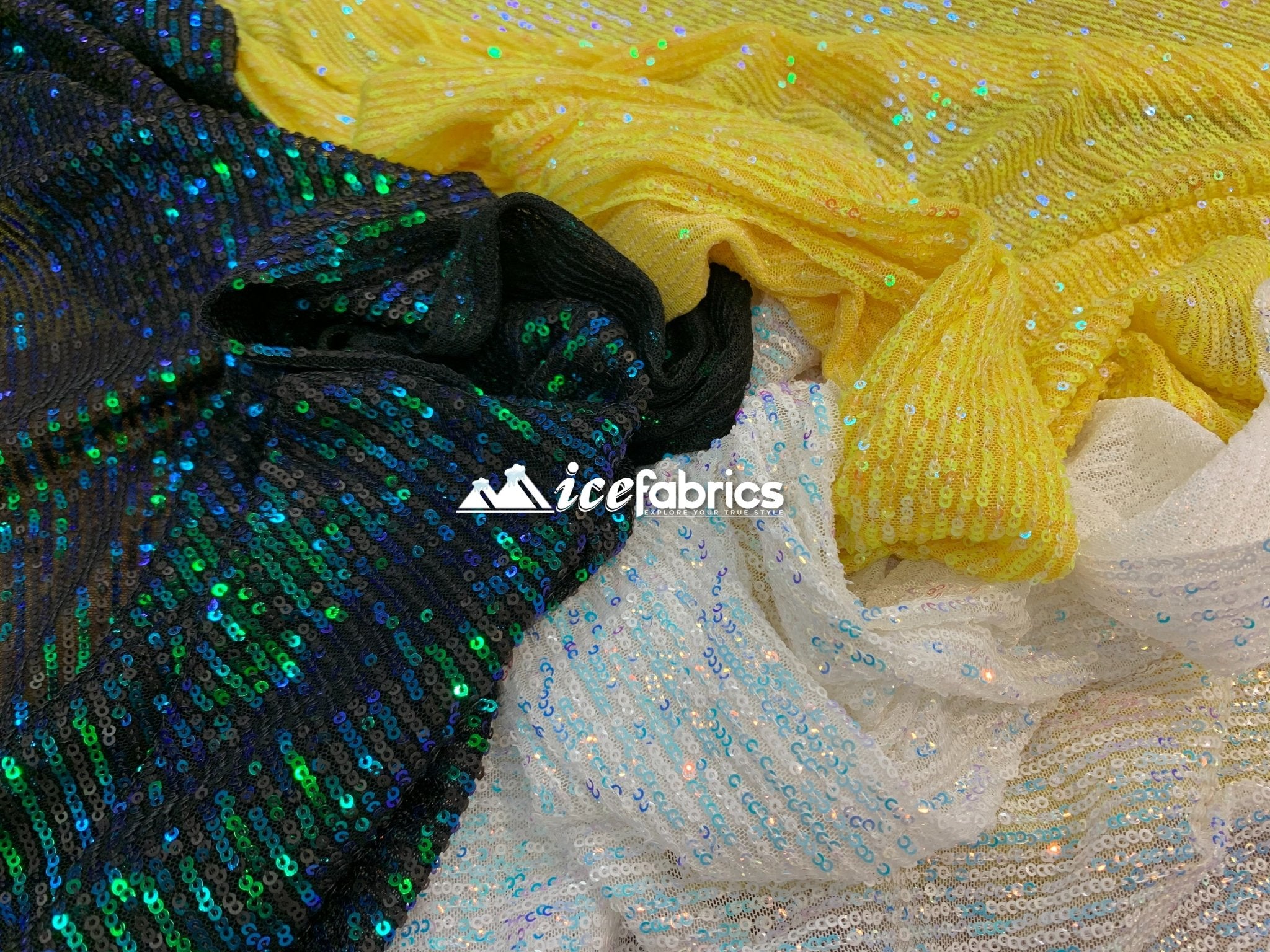 Iridescent Sequin 2 Way Mesh Stretch Sequins Fabric By The YardICEFABRICICE FABRICSWhite Blue IridescentIridescent Sequin 2 Way Mesh Stretch Sequins Fabric By The Yard ICEFABRIC