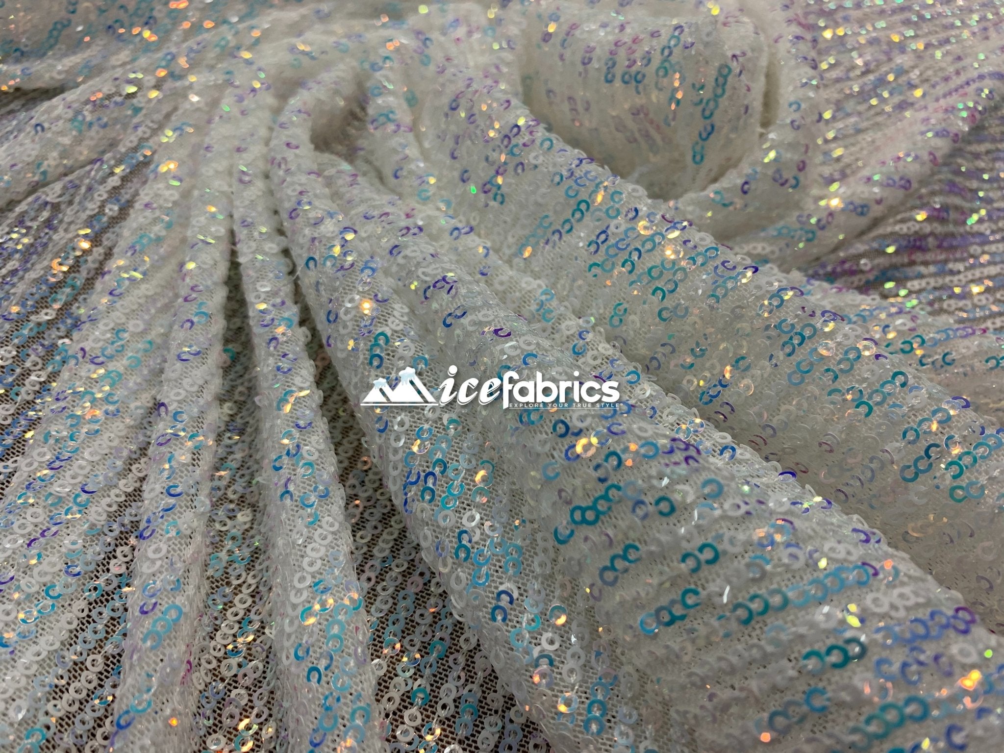 Iridescent Sequin 2 Way Mesh Stretch Sequins Fabric By The YardICEFABRICICE FABRICSWhite Blue IridescentIridescent Sequin 2 Way Mesh Stretch Sequins Fabric By The Yard ICEFABRIC White Blue Iridescent