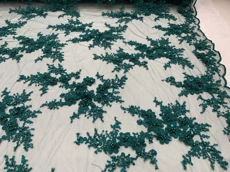 ITALIAN Heavy Embroidery Hand Beaded Mesh Lace Fabric Sold By The YardICE FABRICSICE FABRICSHunter GreenITALIAN Heavy Embroidery Hand Beaded Mesh Lace Fabric Sold By The Yard ICE FABRICS Hunter Green