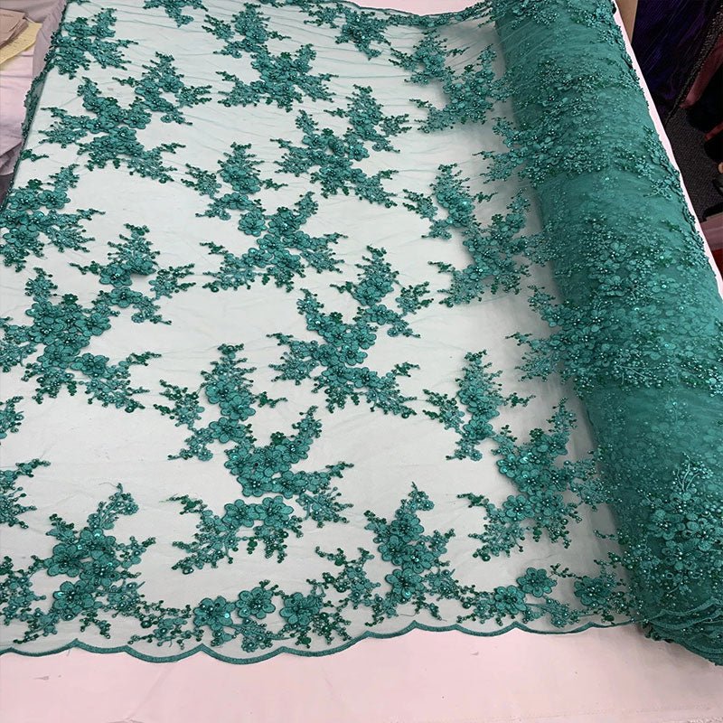 ITALIAN Heavy Embroidery Hand Beaded Mesh Lace Fabric Sold By The YardICE FABRICSICE FABRICSTealITALIAN Heavy Embroidery Hand Beaded Mesh Lace Fabric Sold By The Yard ICE FABRICS Teal