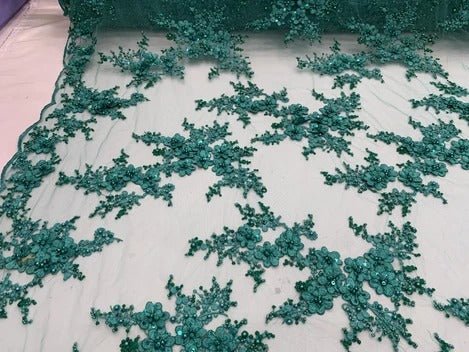 ITALIAN Heavy Embroidery Hand Beaded Mesh Lace Fabric Sold By The YardICE FABRICSICE FABRICSTealITALIAN Heavy Embroidery Hand Beaded Mesh Lace Fabric Sold By The Yard ICE FABRICS Teal