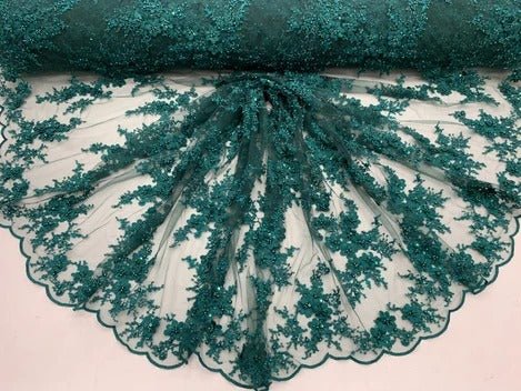 ITALIAN Heavy Embroidery Hand Beaded Mesh Lace Fabric Sold By The YardICE FABRICSICE FABRICSHunter GreenITALIAN Heavy Embroidery Hand Beaded Mesh Lace Fabric Sold By The Yard ICE FABRICS Hunter Green