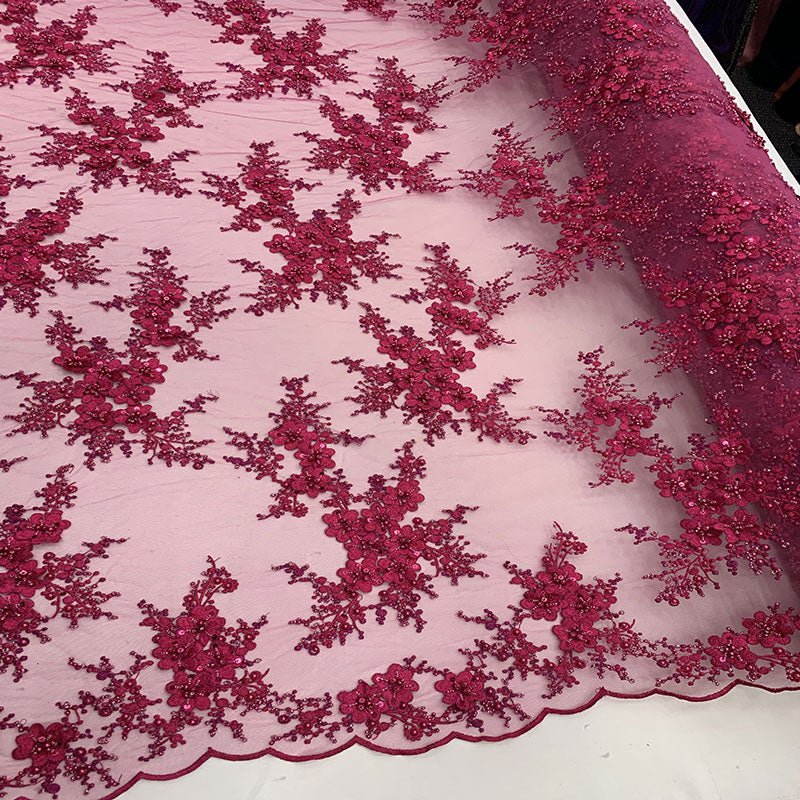 ITALIAN Heavy Embroidery Hand Beaded Mesh Lace Fabric Sold By The YardICE FABRICSICE FABRICSFuchsiaITALIAN Heavy Embroidery Hand Beaded Mesh Lace Fabric Sold By The Yard ICE FABRICS Fuchsia
