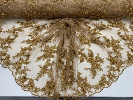 ITALIAN Heavy Embroidery Hand Beaded Mesh Lace Fabric Sold By The YardICE FABRICSICE FABRICSGoldITALIAN Heavy Embroidery Hand Beaded Mesh Lace Fabric Sold By The Yard ICE FABRICS Gold