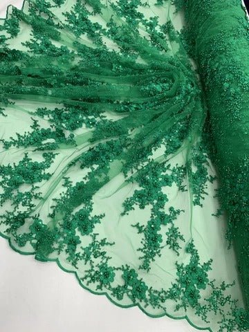 ITALIAN Heavy Embroidery Hand Beaded Mesh Lace Fabric Sold By The YardICE FABRICSICE FABRICSGreenITALIAN Heavy Embroidery Hand Beaded Mesh Lace Fabric Sold By The Yard ICE FABRICS Green