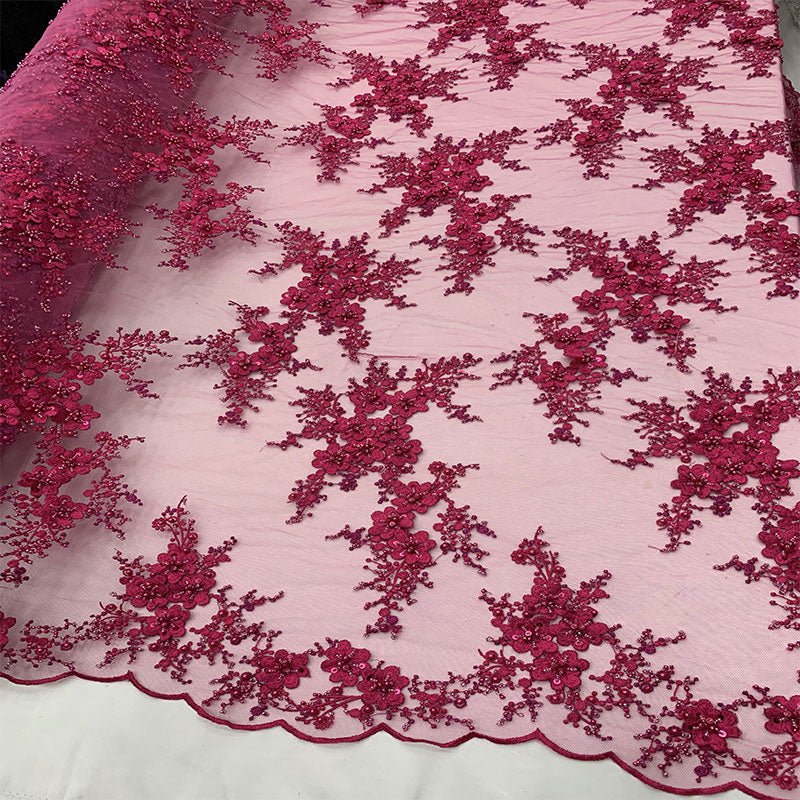 ITALIAN Heavy Embroidery Hand Beaded Mesh Lace Fabric Sold By The YardICE FABRICSICE FABRICSGreenITALIAN Heavy Embroidery Hand Beaded Mesh Lace Fabric Sold By The Yard ICE FABRICS Fuchsia