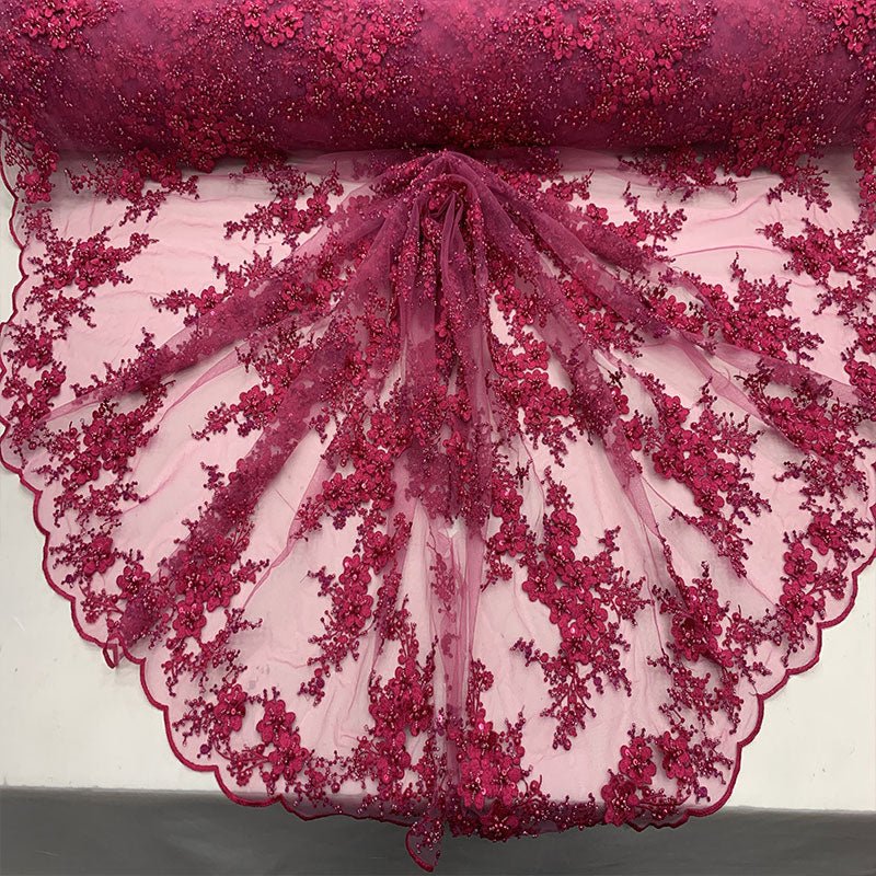 ITALIAN Heavy Embroidery Hand Beaded Mesh Lace Fabric Sold By The YardICE FABRICSICE FABRICSGreenITALIAN Heavy Embroidery Hand Beaded Mesh Lace Fabric Sold By The Yard ICE FABRICS Fuchsia