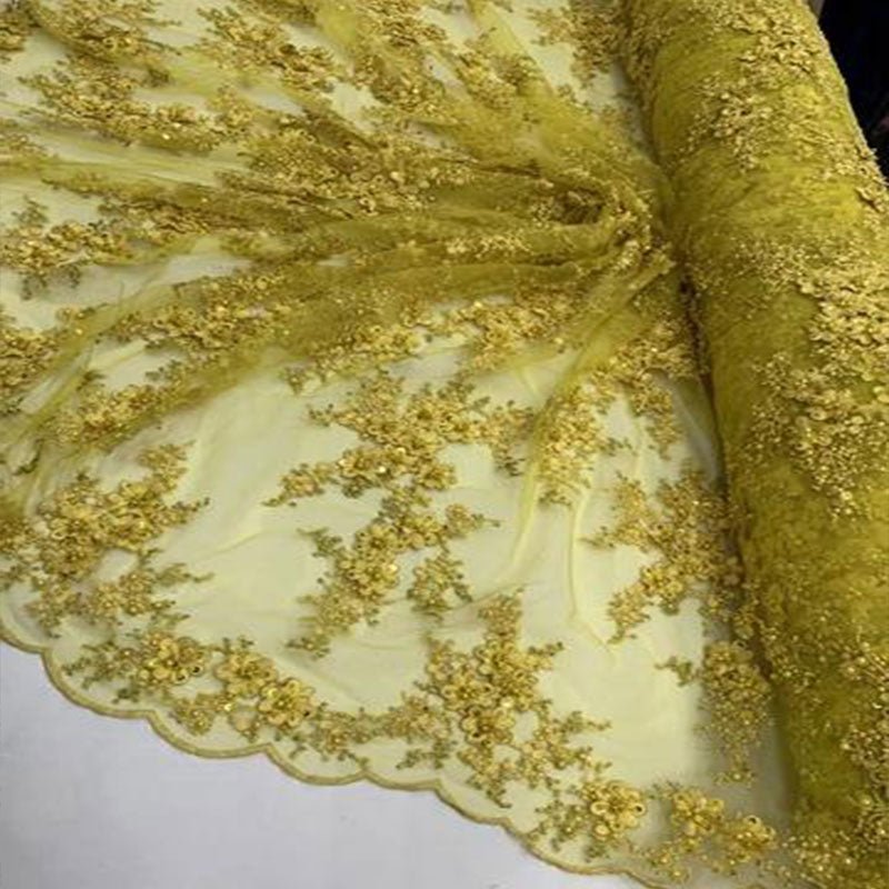 ITALIAN Heavy Embroidery Hand Beaded Mesh Lace Fabric Sold By The YardICE FABRICSICE FABRICSFuchsiaITALIAN Heavy Embroidery Hand Beaded Mesh Lace Fabric Sold By The Yard ICE FABRICS Yellow