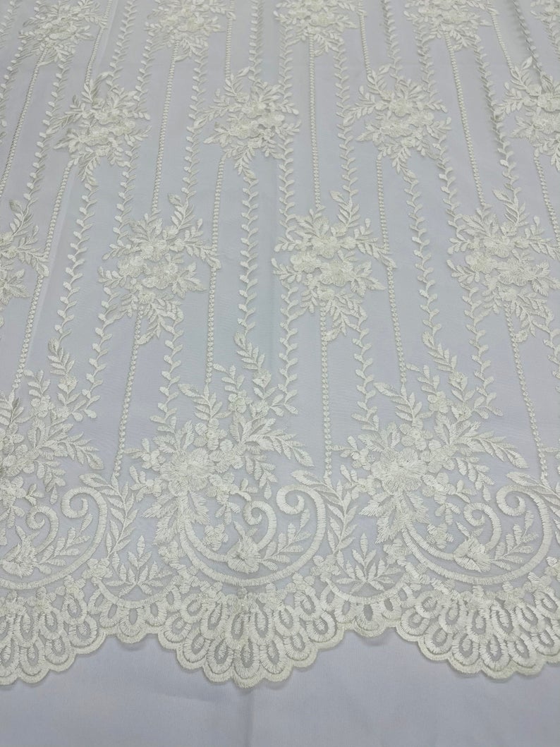Ivory Lace Fabric _ Embroidered Floral Flowers Lace on Mesh FabricICE FABRICSICE FABRICSPer YardIvory Lace Fabric _ Embroidered Floral Flowers Lace on Mesh Fabric ICE FABRICS