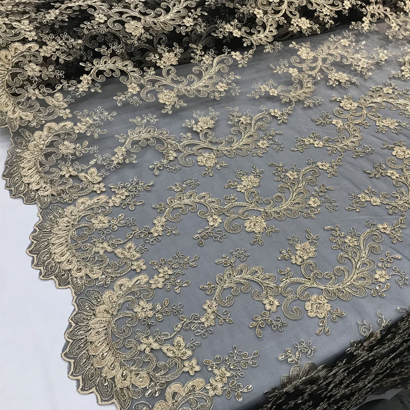 Lace Fabric Embroidered Flowers Lace By The YardICE FABRICSICE FABRICSBlack/GoldLace Fabric Embroidered Flowers Lace By The Yard ICE FABRICS Black/Gold