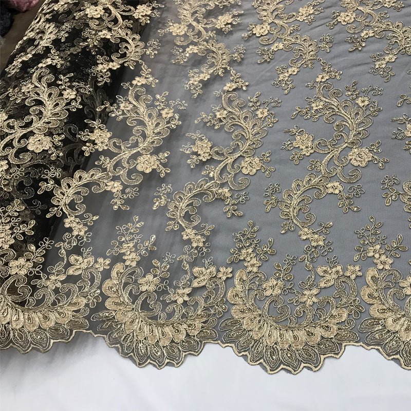 Lace Fabric Embroidered Flowers Lace By The YardICE FABRICSICE FABRICSBlack/GoldLace Fabric Embroidered Flowers Lace By The Yard ICE FABRICS Black/Gold