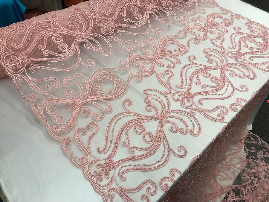 Light Pink Embroidered Bridal Design Beaded Mesh Lace FabricICE FABRICSICE FABRICSLight Pink Embroidered Bridal Design Beaded Mesh Lace Fabric ICE FABRICS