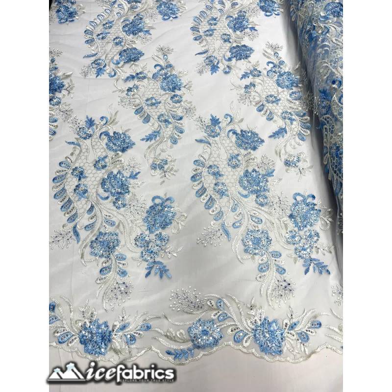 Luca Lace Fabric | Floral Embroidery LaceICE FABRICSICE FABRICSBy The Yard (54 inches Wide)Baby Blue / WhiteLuca Lace Fabric | Floral Embroidery Lace ICE FABRICS Baby Blue / White