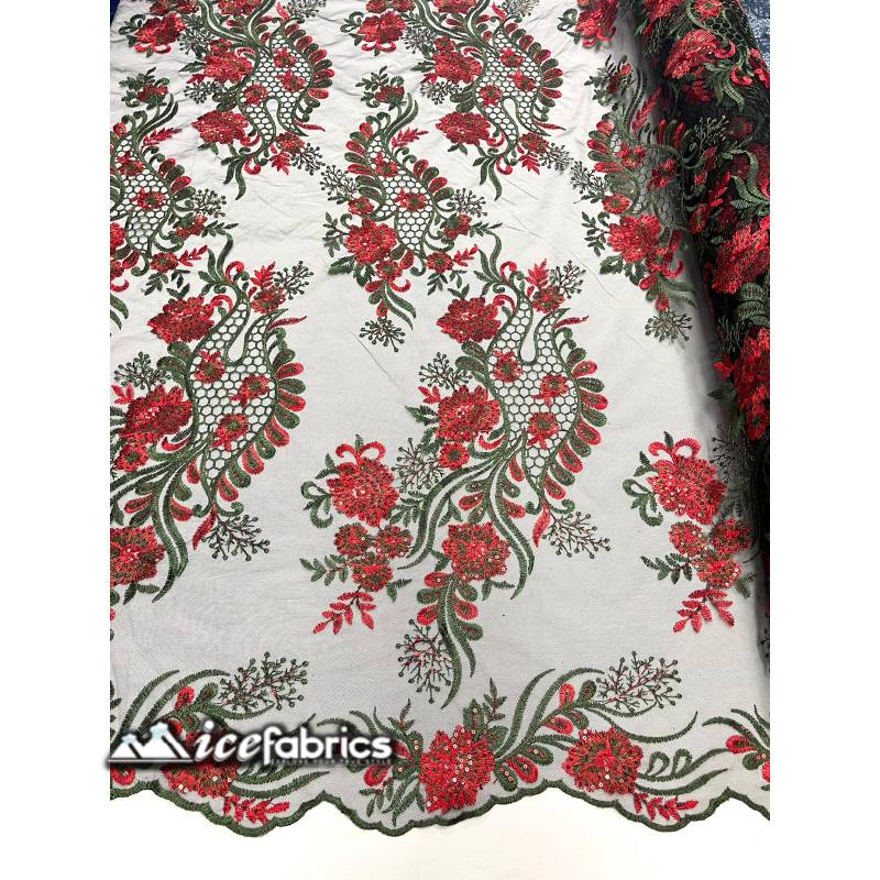 Luca Lace Fabric | Floral Embroidery LaceICE FABRICSICE FABRICSBy The Yard (54 inches Wide)Red / Hunter GreenLuca Lace Fabric | Floral Embroidery Lace ICE FABRICS Red / Hunter Green