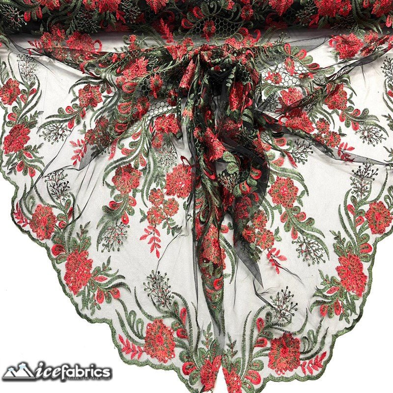 Luca Lace Fabric | Floral Embroidery LaceICE FABRICSICE FABRICSBy The Yard (54 inches Wide)Red / Hunter GreenLuca Lace Fabric | Floral Embroidery Lace ICE FABRICS Red / Hunter Green